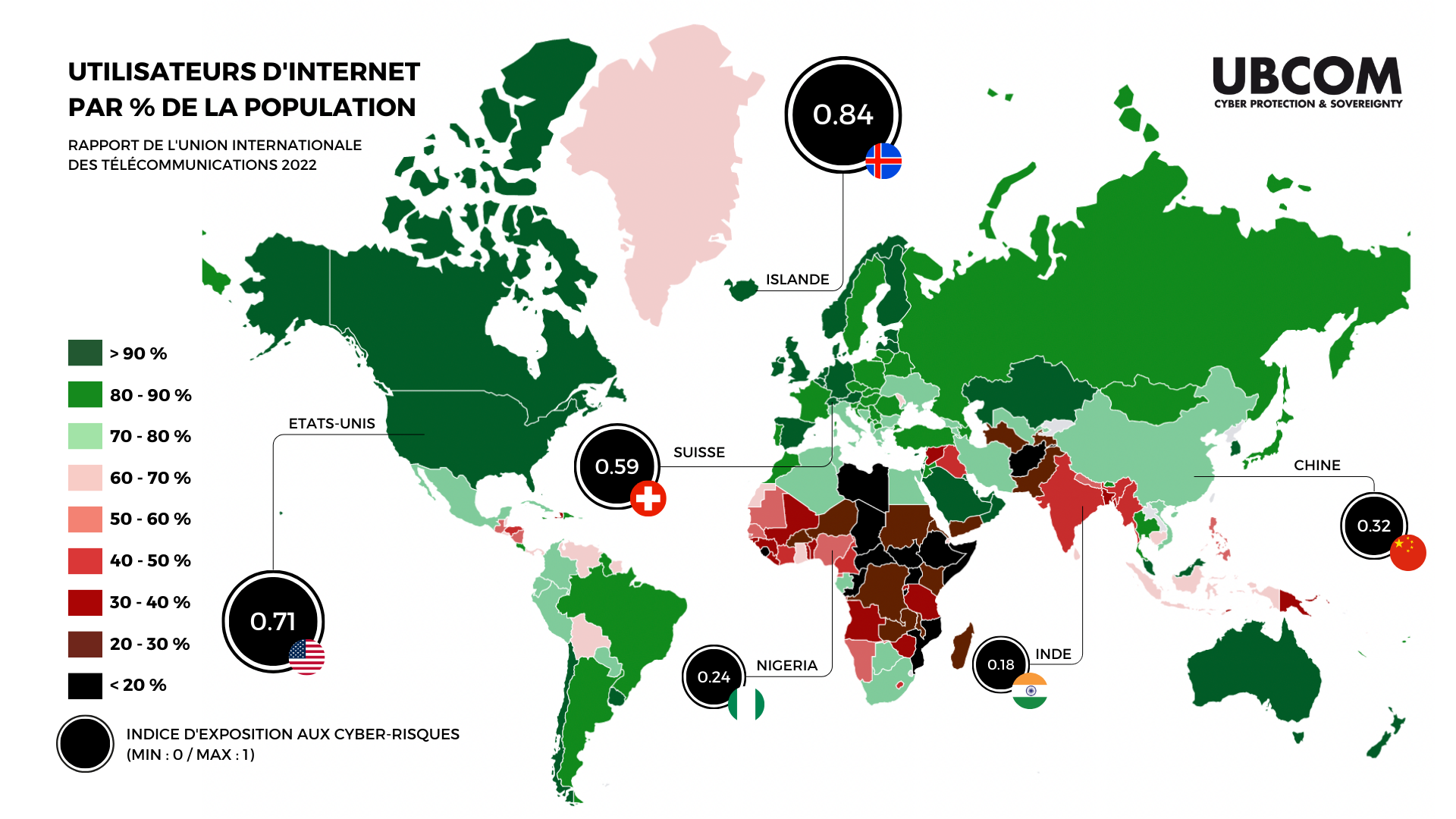 Carte UBCOM - Utilisateurs d'internet par % de la population